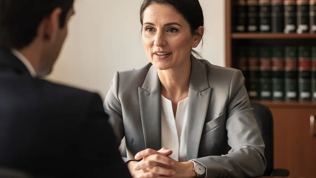 Avocat pénaliste en posture d'écoute bienveillante dans son bureau avec bibliothèque juridique floue