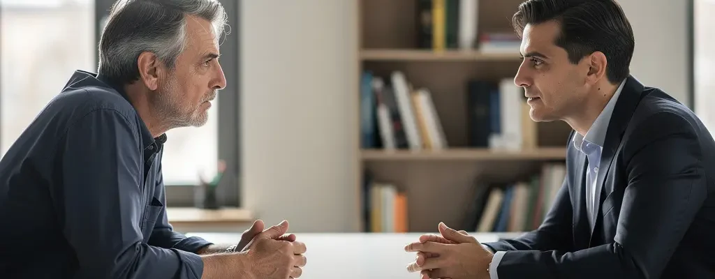 Défense pénale : échange entre un justiciable et un professionnel du droit dans un bureau sobre