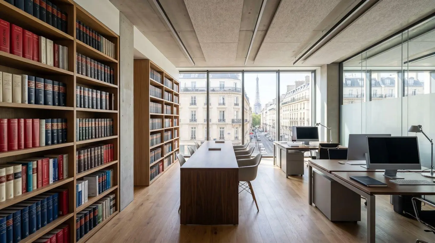 Bureau vide d'un commissaire de justice avec bibliothèque de codes juridiques et large fenêtre diffusant une lumière naturelle