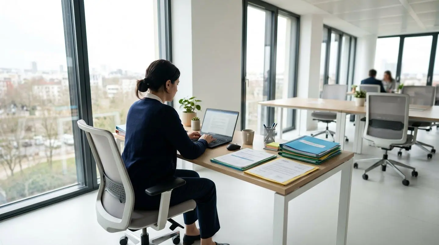 Un bureau professionnel contemporain avec des dossiers administratifs soigneusement rangés, éclairé par la lumière naturelle des fenêtres
