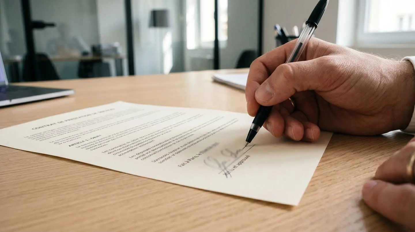Gros plan d'une main signant un document juridique avec un stylo, la signature manuscrite étant volontairement floutée, sur un bureau en bois clair moderne