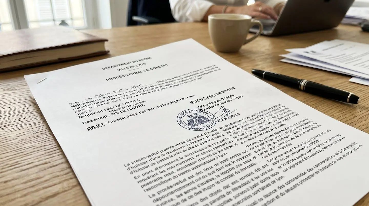 Gros plan sur un procès-verbal de constat officiel avec tampon visible, posé sur un bureau moderne