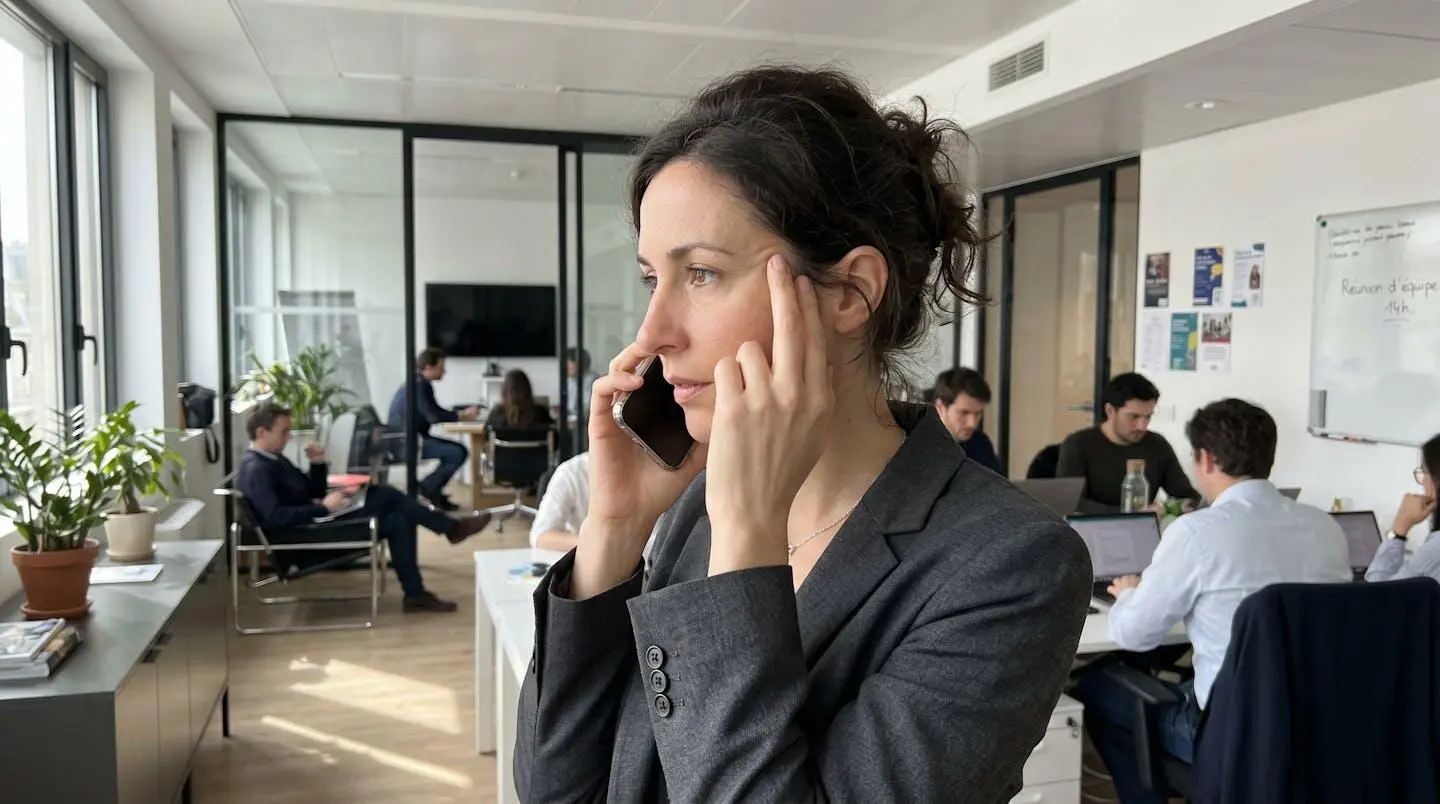 Un professionnel vu de profil concentré lors d'un appel téléphonique dans un bureau moderne, la main sur la tempe en geste de réflexion