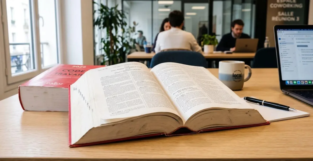 Exemplaire ouvert du Code du travail français sur un bureau professionnel moderne