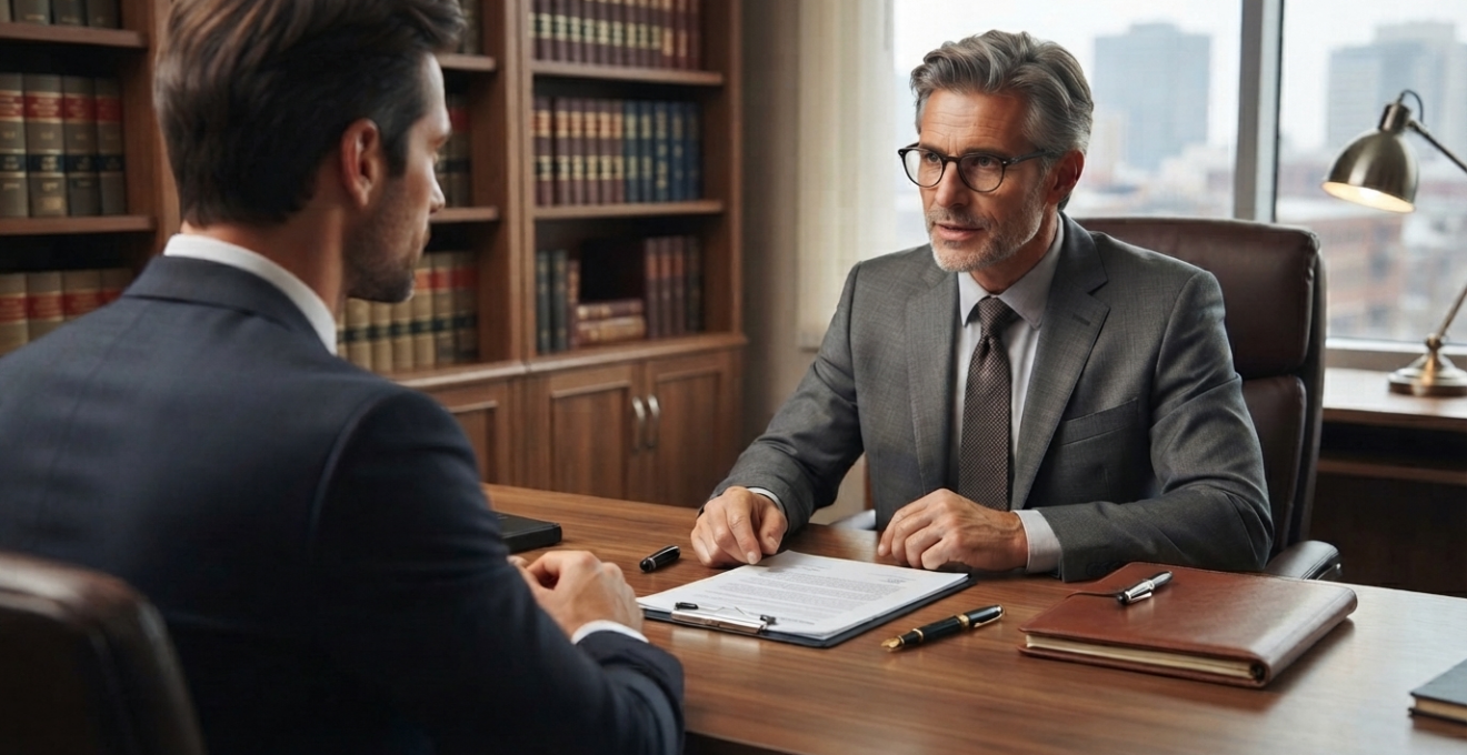 Bureau d'un notaire français avec dossier de succession ouvert montrant des documents administratifs en français. Un notaire en costume sobre écoute attentivement son client lors d'un conseil en droit successoral. Bibliothèque juridique et codes civils visibles en arrière-plan.