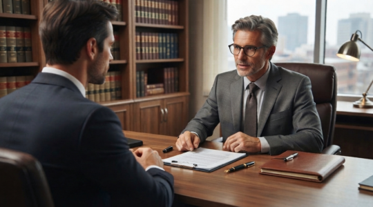 Bureau d'un notaire français avec dossier de succession ouvert montrant des documents administratifs en français. Un notaire en costume sobre écoute attentivement son client lors d'un conseil en droit successoral. Bibliothèque juridique et codes civils visibles en arrière-plan.