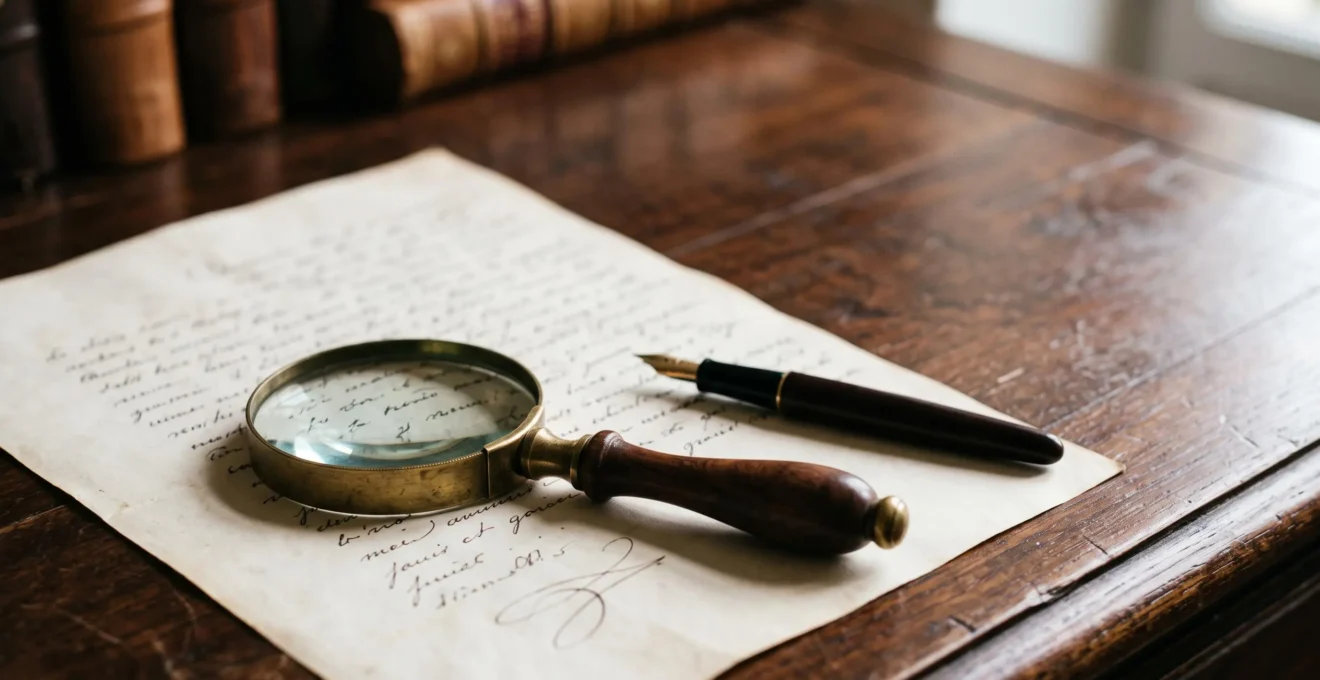 Loupe posee sur un vieux document manuscrit symbolisant la verification de l'authenticite d'un testament