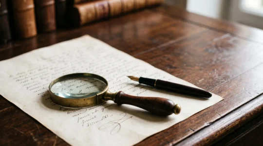 Loupe posee sur un vieux document manuscrit symbolisant la verification de l'authenticite d'un testament