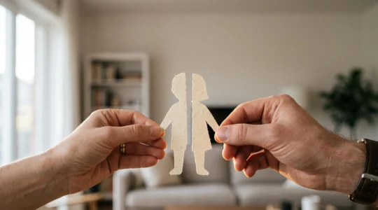 Deux mains adultes tenant chacune une moitié d'une silhouette d'enfant découpée en papier, symbolisant la coparentalité après un divorce