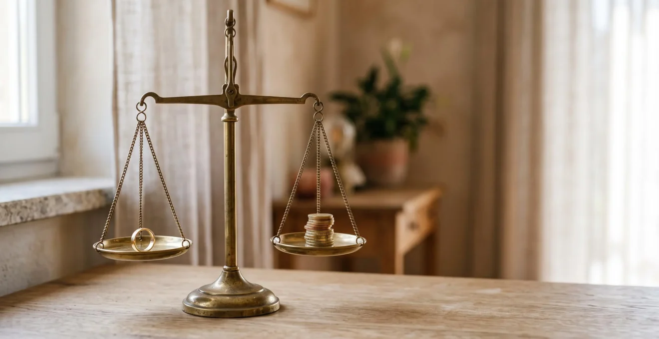 Balance symbolique représentant le rééquilibrage financier entre deux ex-conjoints après un divorce