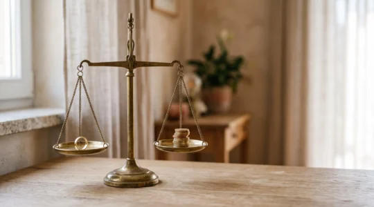 Balance symbolique représentant le rééquilibrage financier entre deux ex-conjoints après un divorce