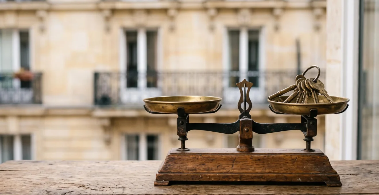 Balance symbolique représentant l'équilibre entre les droits et les obligations légales du propriétaire bailleur