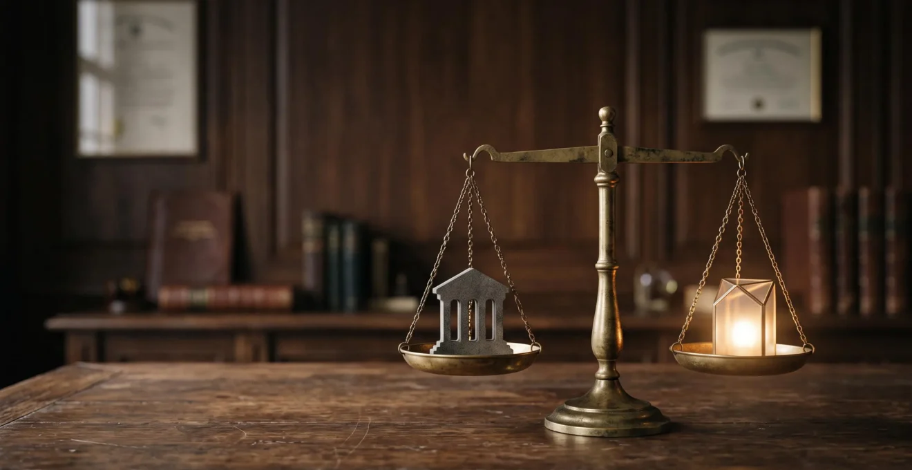 Balance de la justice en équilibre tenant d'un côté une silhouette de palais de justice et de l'autre une lumière dorée symbolisant une aide financière