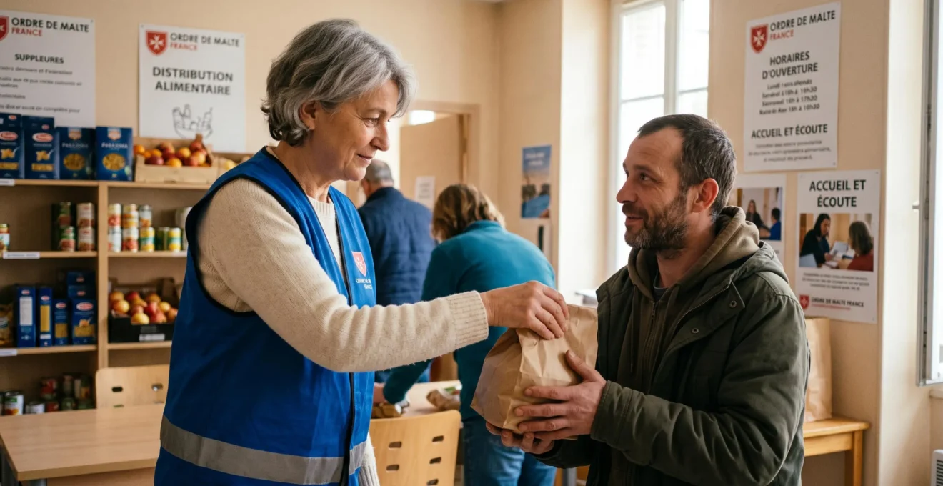 Une bénévole de l'Ordre de Malte France remet un colis alimentaire à une personne en situation de précarité dans un local associatif. La scène illustre l'action concrète de solidarité menée par l'association auprès des personnes fragiles.