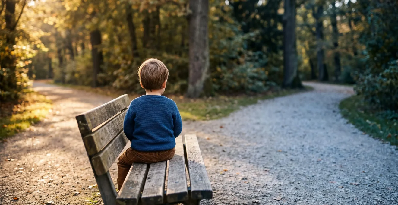 Enfant assis sur un banc entre deux chemins symbolisant la séparation de ses parents, dans une lumière douce et apaisante