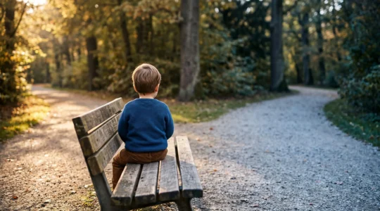 Enfant assis sur un banc entre deux chemins symbolisant la séparation de ses parents, dans une lumière douce et apaisante