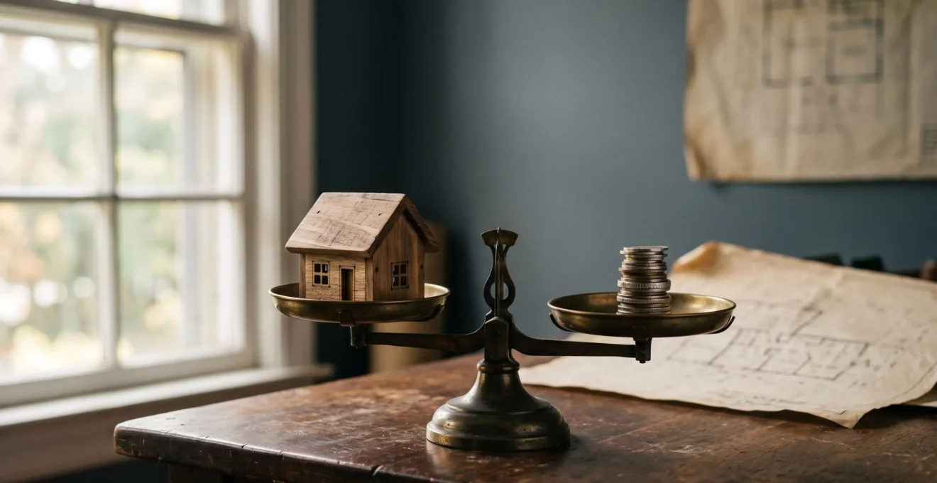 Illustration symbolique du calcul de la capacité d'emprunt immobilier avec une maison miniature et une balance financière