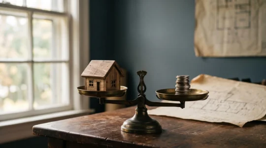 Illustration symbolique du calcul de la capacité d'emprunt immobilier avec une maison miniature et une balance financière