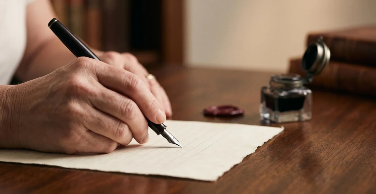 Main écrivant un testament à la main avec un stylo plume sur du papier libre, dans une ambiance feutrée évoquant la rédaction de dernières volontés