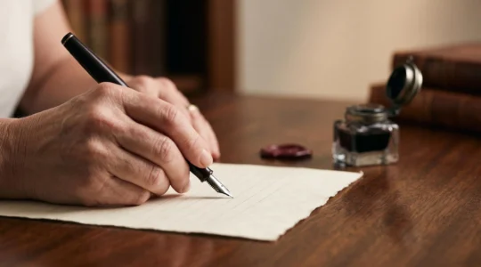 Main écrivant un testament à la main avec un stylo plume sur du papier libre, dans une ambiance feutrée évoquant la rédaction de dernières volontés