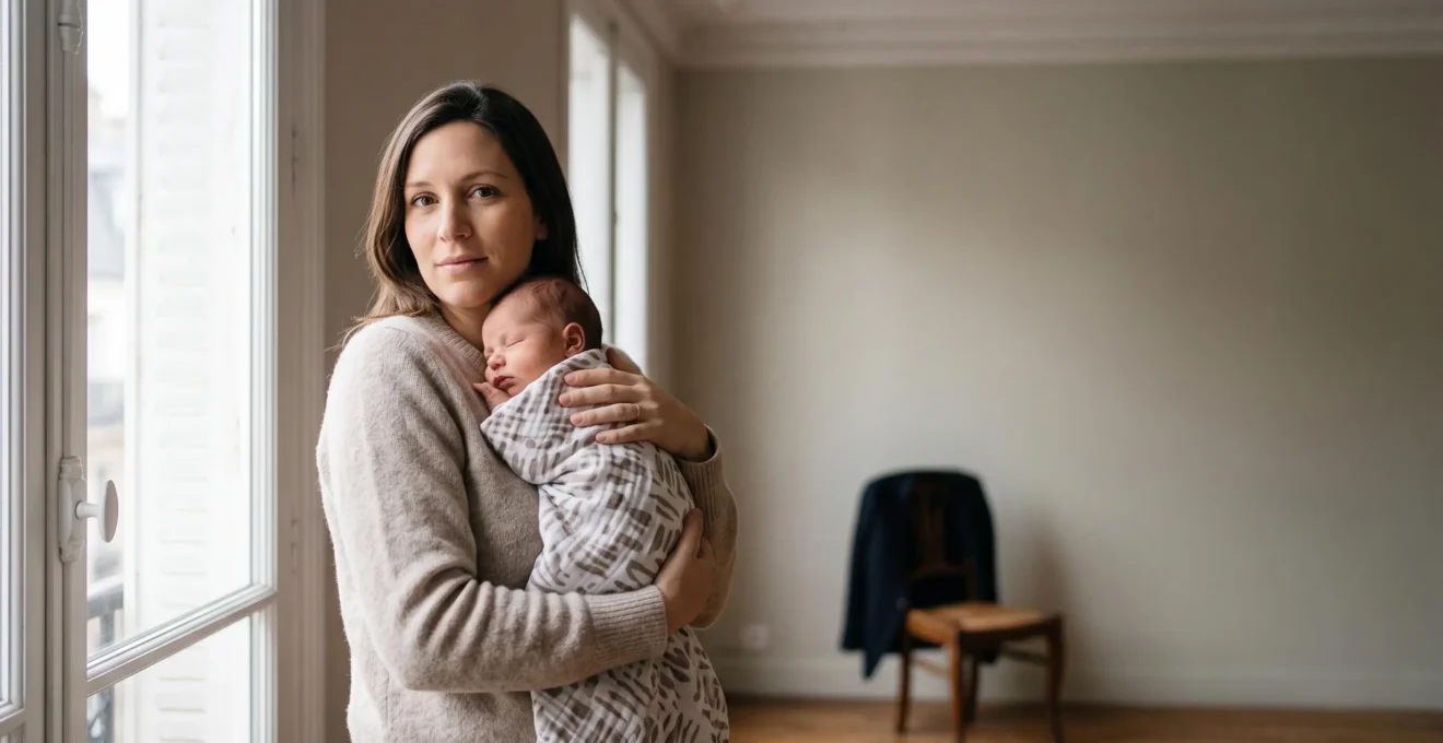 Jeune mère salariée française tenant son bébé près d'une fenêtre lumineuse, symbolisant l'équilibre entre repos maternel et retour au travail serein