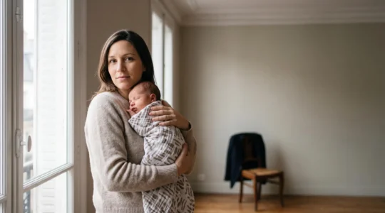 Jeune mère salariée française tenant son bébé près d'une fenêtre lumineuse, symbolisant l'équilibre entre repos maternel et retour au travail serein