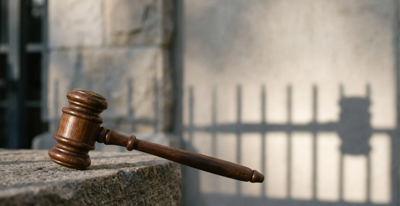 Photographie symbolique représentant les conséquences d'une condamnation pénale pour délit ou crime, entre justice et sanction