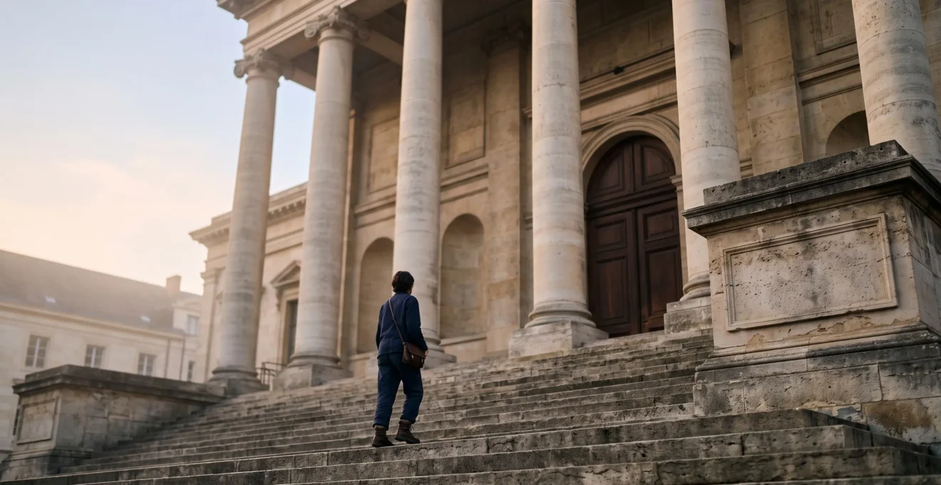 Une personne aux revenus modestes gravissant les marches d'un palais de justice, symbole de l'acces au droit malgre des ressources limitees
