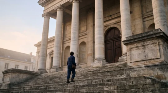 Une personne aux revenus modestes gravissant les marches d'un palais de justice, symbole de l'acces au droit malgre des ressources limitees