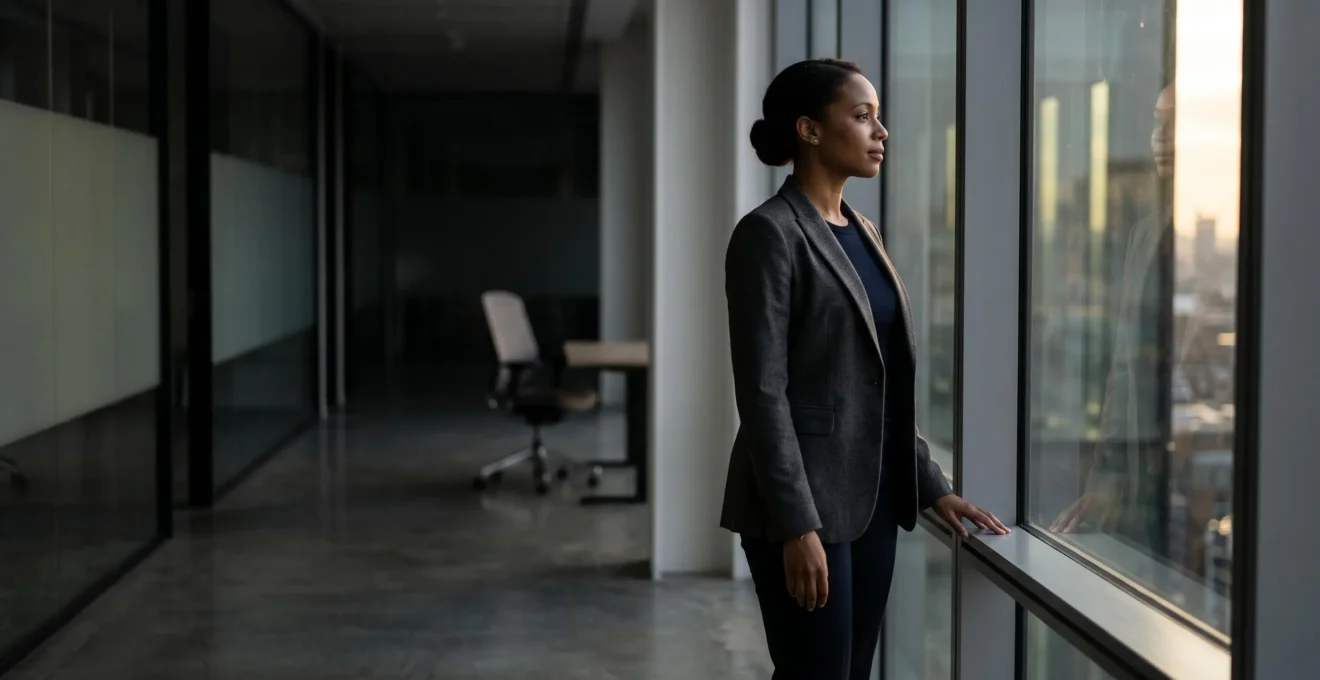 Silhouette d'un salarié debout face à une fenêtre dans un bureau vide tôt le matin, symbolisant la résilience face au harcèlement au travail