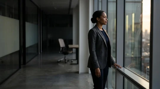 Silhouette d'un salarié debout face à une fenêtre dans un bureau vide tôt le matin, symbolisant la résilience face au harcèlement au travail