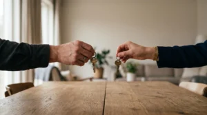 Deux mains tenant chacune une clé face à face, symbolisant l'équilibre des engagements réciproques entre locataire et propriétaire dans un bail