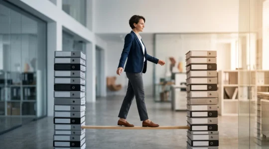 Illustration symbolique d'un salarié en équilibre entre la défense de ses droits et la préservation de sa carrière professionnelle