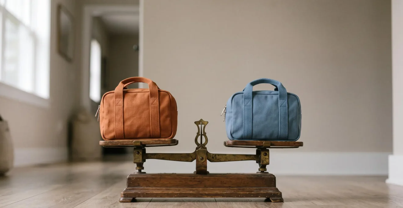 Deux petites valises d'enfant posées en parfait équilibre sur une balance en bois ancienne, symbolisant la résidence alternée équilibrée entre deux foyers parentaux