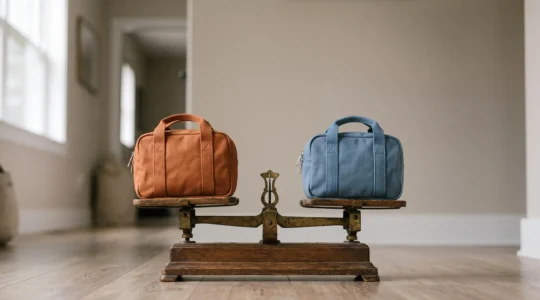 Deux petites valises d'enfant posées en parfait équilibre sur une balance en bois ancienne, symbolisant la résidence alternée équilibrée entre deux foyers parentaux