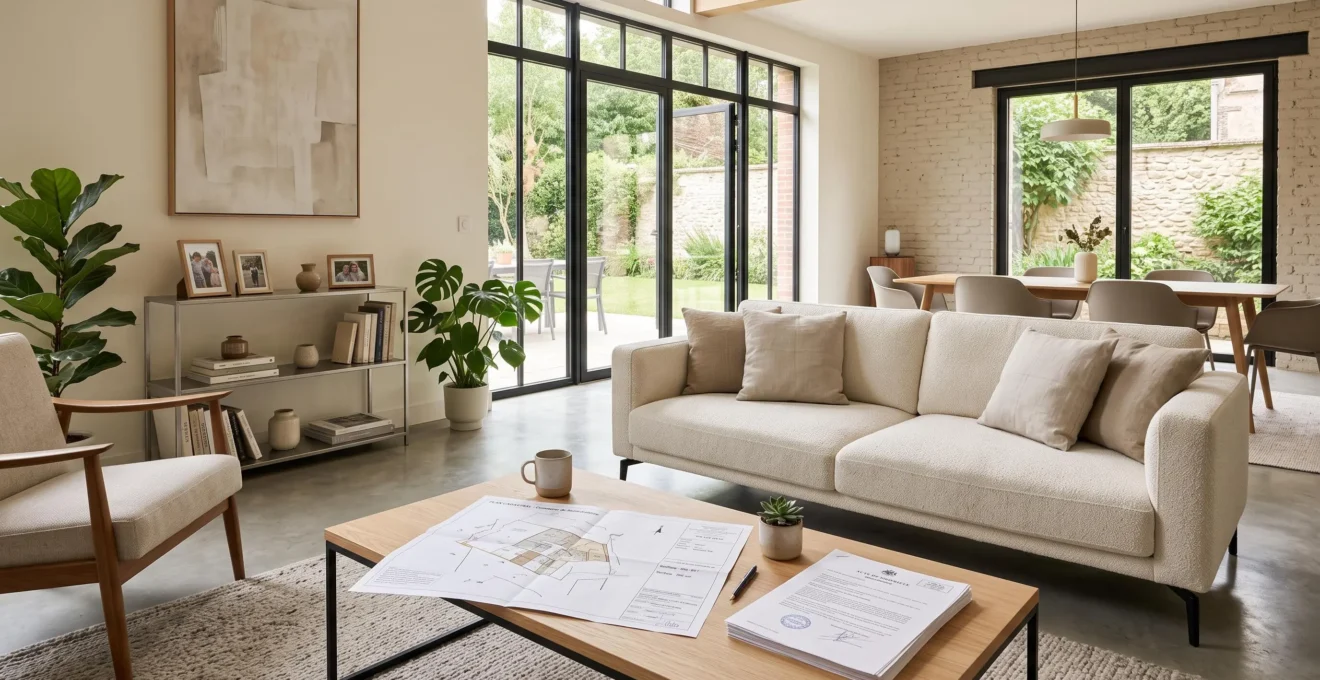 Intérieur lumineux d'une maison familiale française contemporaine avec mobilier neutre. Sur la table basse, un plan cadastral français et des documents notariaux de propriété sont déployés, symbolisant le patrimoine immobilier à transmettre.