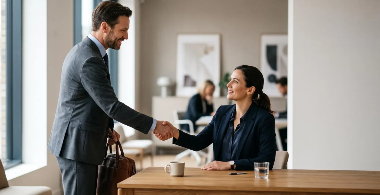 Deux professionnels se serrant la main dans un bureau lumineux, symbolisant un accord de départ négocié entre un salarié et son employeur