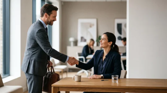 Deux professionnels se serrant la main dans un bureau lumineux, symbolisant un accord de départ négocié entre un salarié et son employeur