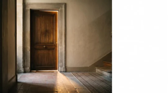 Porte d'entrée d'un domicile entrouverte laissant passer la lumière du matin, symbolisant la sécurité retrouvée après une ordonnance de protection