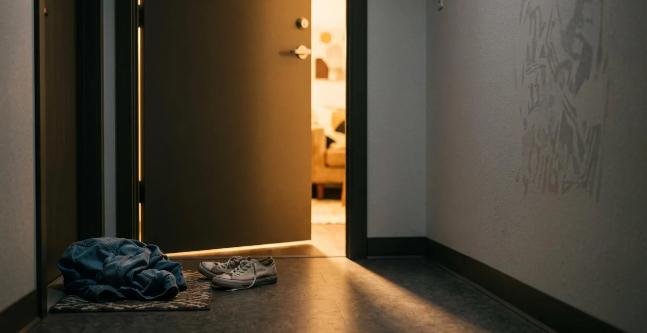 Une porte entrouverte laissant filtrer une lumière douce dans un couloir sombre, symbole d'une issue et d'une protection retrouvée