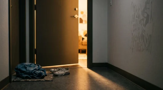 Une porte entrouverte laissant filtrer une lumière douce dans un couloir sombre, symbole d'une issue et d'une protection retrouvée