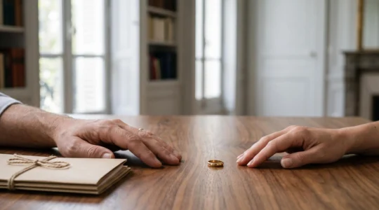 Deux mains posées côte à côte sur une table en bois, symbolisant la protection des patrimoines avant l'union conjugale