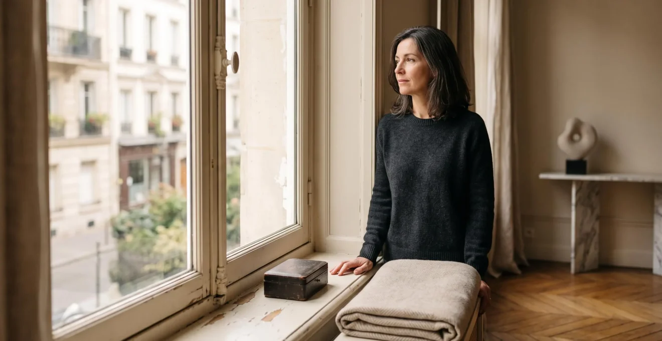 Personne se tenant seule dans un intérieur épuré, symbolisant la protection du patrimoine personnel face au divorce