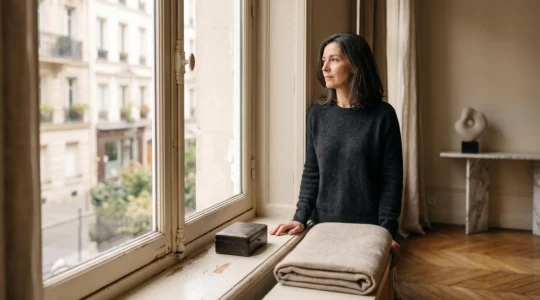 Personne se tenant seule dans un intérieur épuré, symbolisant la protection du patrimoine personnel face au divorce