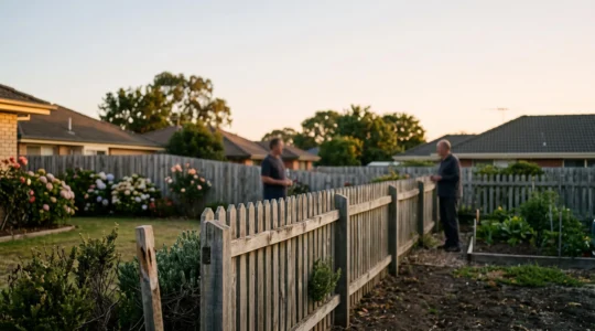 Deux jardins separes par une cloture ancienne symbolisant un litige de mitoyennete et de servitude en cours de resolution