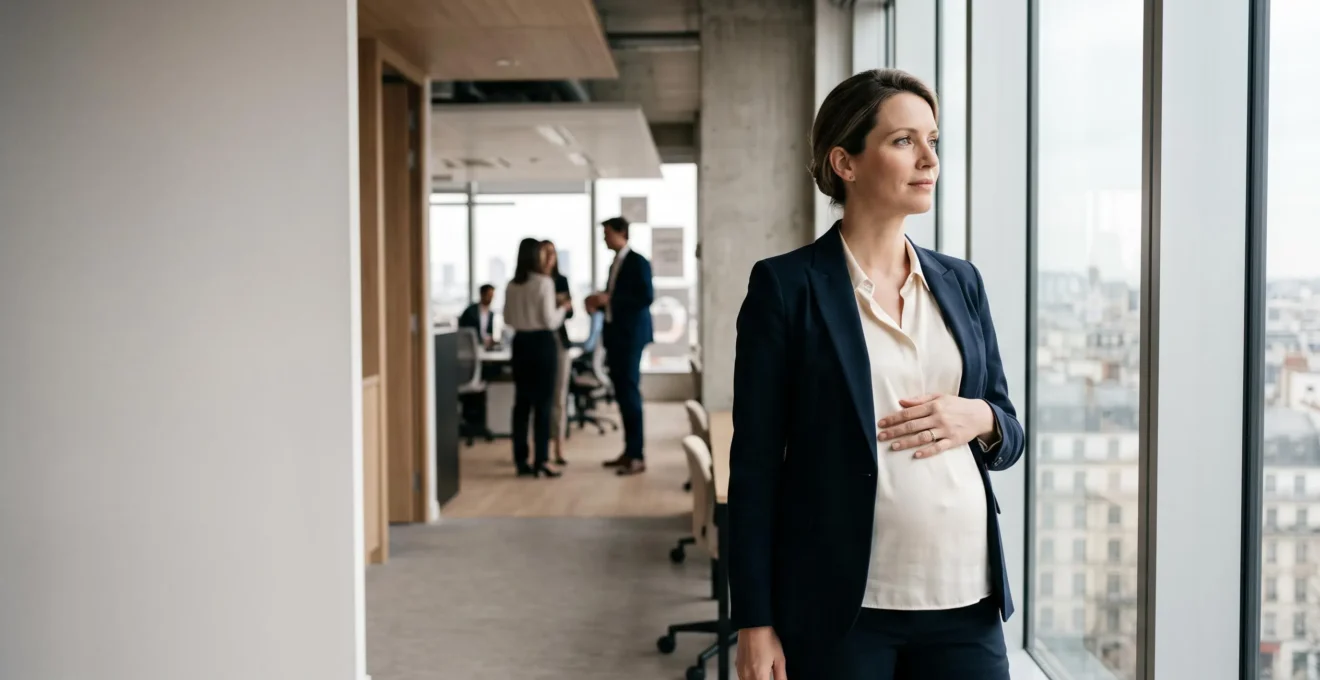 Silhouette d'une femme enceinte en tenue professionnelle regardant par une fenêtre de bureau, symbolisant la protection de ses droits au travail