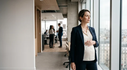Silhouette d'une femme enceinte en tenue professionnelle regardant par une fenêtre de bureau, symbolisant la protection de ses droits au travail