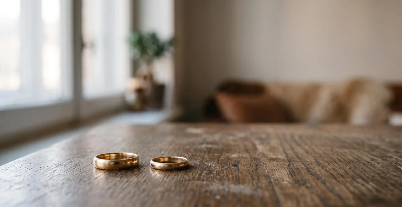 Deux alliances posées côte à côte sur une table en bois, symbolisant une séparation à l'amiable apaisée
