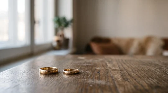 Deux alliances posées côte à côte sur une table en bois, symbolisant une séparation à l'amiable apaisée