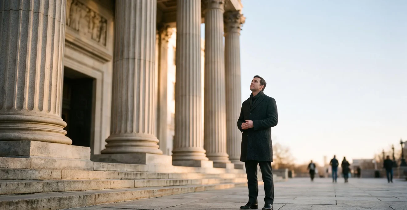 Une silhouette se tenant face aux colonnes d'un palais de justice baigné de lumière dorée, symbole de la veille juridique
